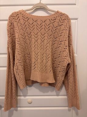 American Eagle Outfitters Crochet Open-Knit Crewneck Sweater in Light Peach